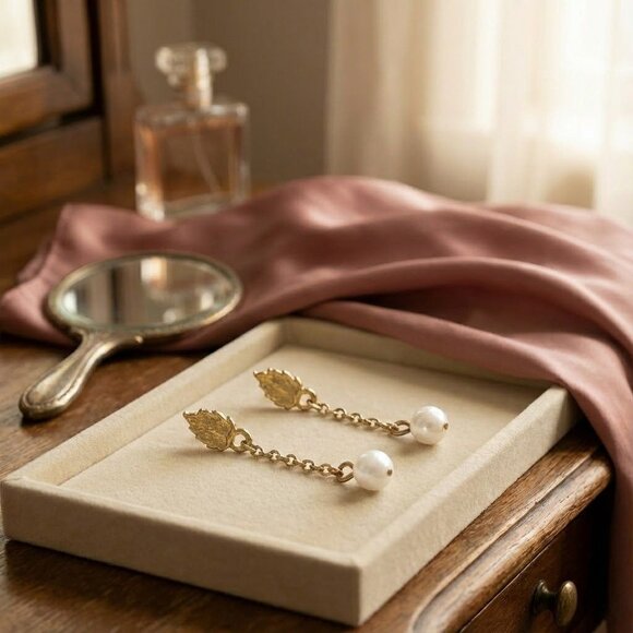 Vintage Gold Tone Drop Earrings With White Bead Dangle Ball Design Retro Jewelry - Picture 2 of 8